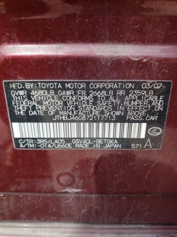 JTHBJ46G872117713 - 2007 LEXUS ES 350 MAROON photo 13