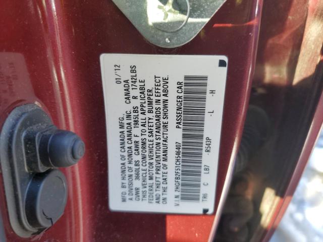 2HGFB2F51CH546407 - 2012 HONDA CIVIC LX BURGUNDY photo 12