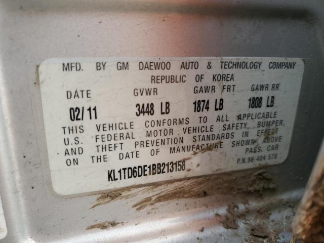 KL1TD6DE1BB213158 - 2011 CHEVROLET AVEO LS ვერცხლისფერი ფოტო 13