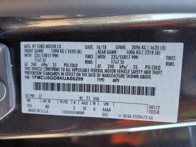 1FMCU0GD8KUA06209 - 2019 FORD ESCAPE SE GRAY photo 12