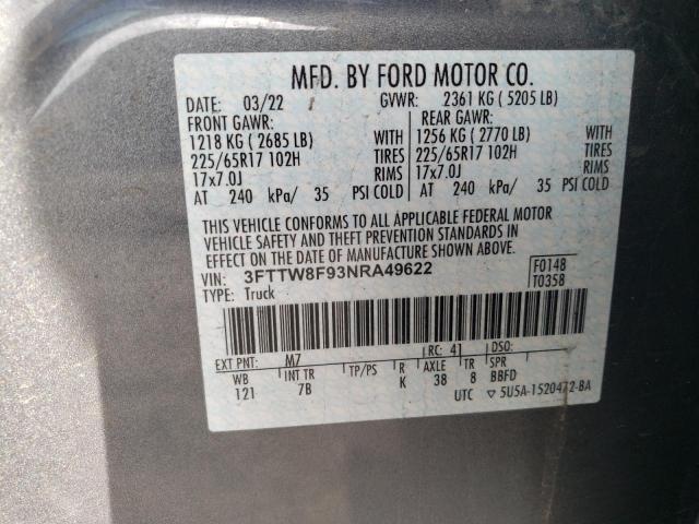 3FTTW8F93NRA49622 - 2022 FORD MAVERICK XL GRAY photo 12