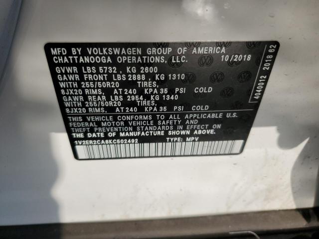 1V2ER2CA8KC502492 - 2019 VOLKSWAGEN ATLAS SEL WHITE photo 13