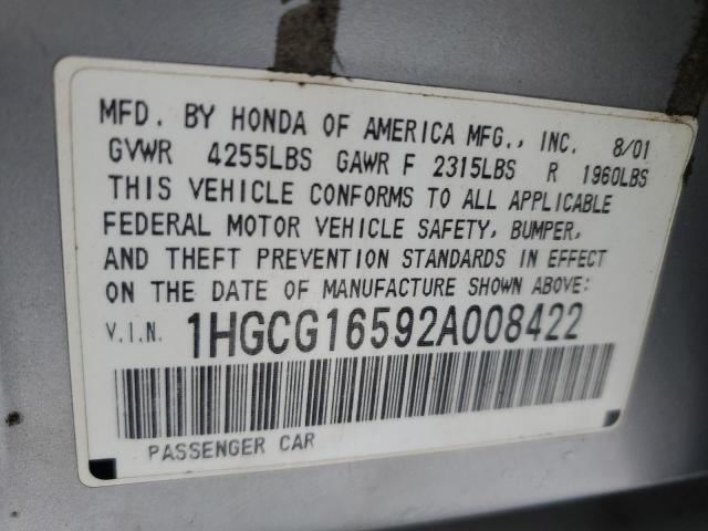 1HGCG16592A008422 - 2002 HONDA ACCORD EX SILVER photo 13