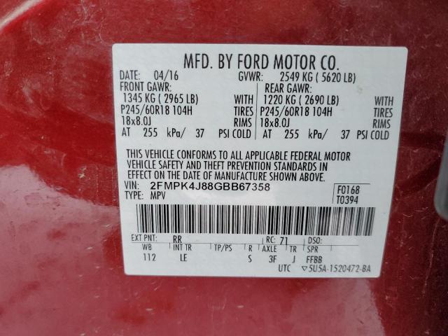 2FMPK4J88GBB67358 - 2016 FORD EDGE SEL RED photo 13