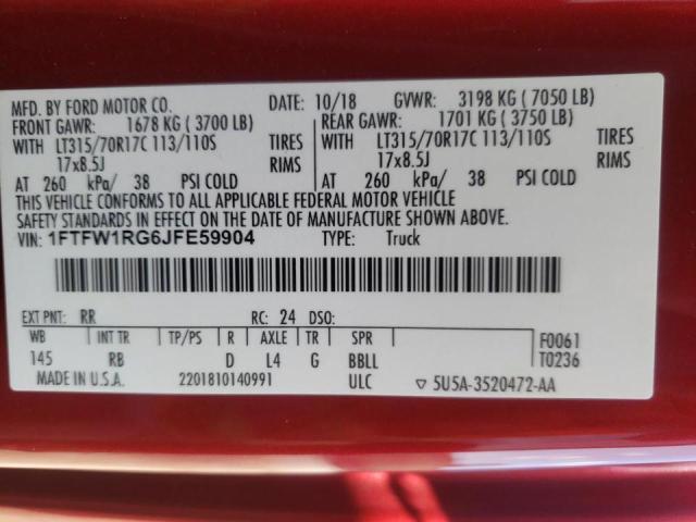 1FTFW1RG6JFE59904 - 2018 FORD F150 RAPTOR RED photo 10