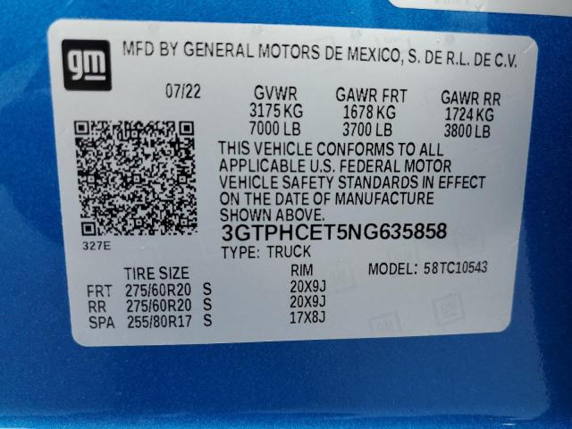 3GTPHCET5NG635858 - 2022 GMC SIERRA C1500 ELEVATION BLUE photo 12