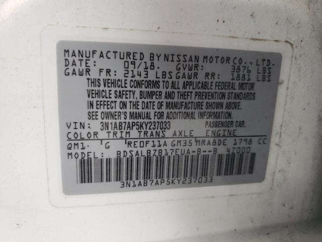 3N1AB7AP5KY237033 - 2019 NISSAN SENTRA S WHITE photo 12