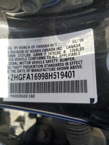 2HGFA16998H519401 - 2008 HONDA CIVIC EXL შავი ფოტო 12