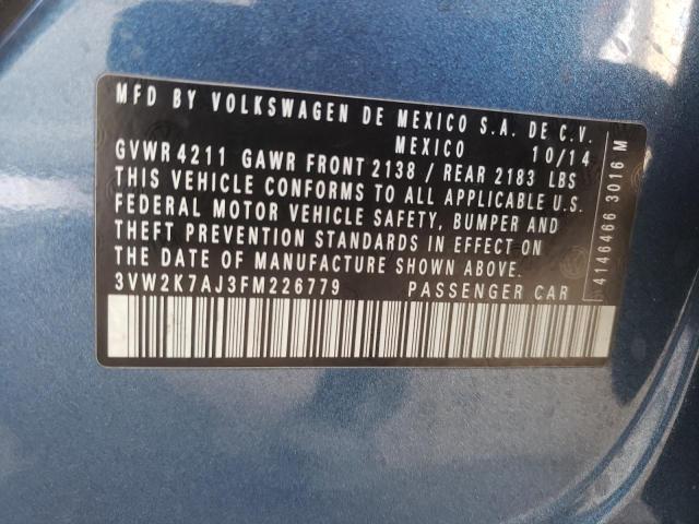3VW2K7AJ3FM226779 - 2015 VOLKSWAGEN JETTA BASE أزرق صورة 12