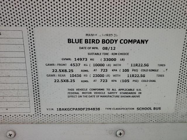 1BAKGCPA9DF294838 - 2013 BLUE BIRD SCHOOL BUS YELLOW photo 10