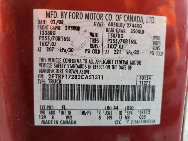 2FTRF17282CA51311 - 2002 FORD F150 SUPER RED photo 12