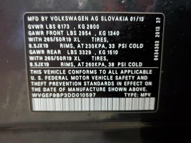 WVGEF9BP3DD010597 - 2013 VOLKSWAGEN TOUAREG V6 GRAY photo 12