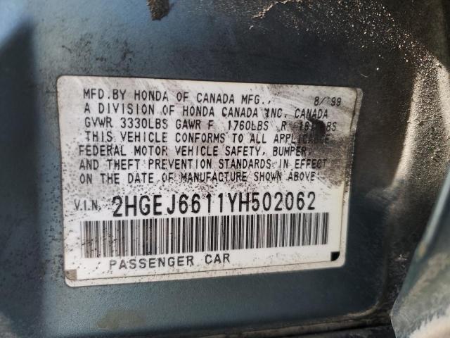 2HGEJ6611YH502062 - 2000 HONDA CIVIC BASE BLUE photo 12