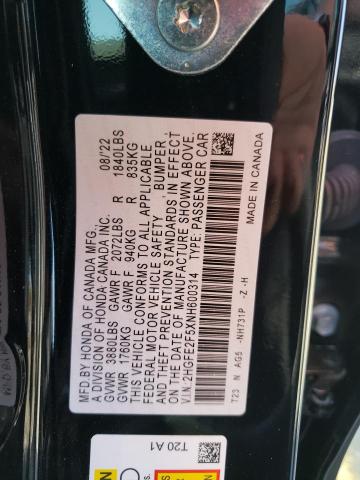 2HGFE2F5XNH600314 - 2022 HONDA CIVIC SPORT 黑色 照片 12
