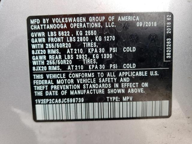 1V2EP2CA6JC598739 - 2018 VOLKSWAGEN ATLAS SEL SILVER photo 13