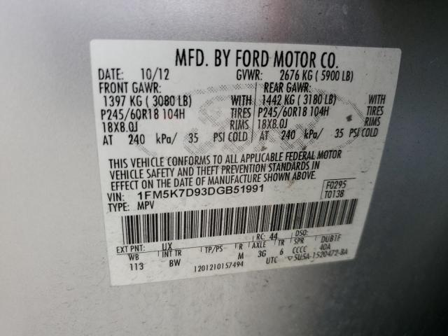 1FM5K7D93DGB51991 - 2013 FORD EXPLORER XLT SILVER photo 13