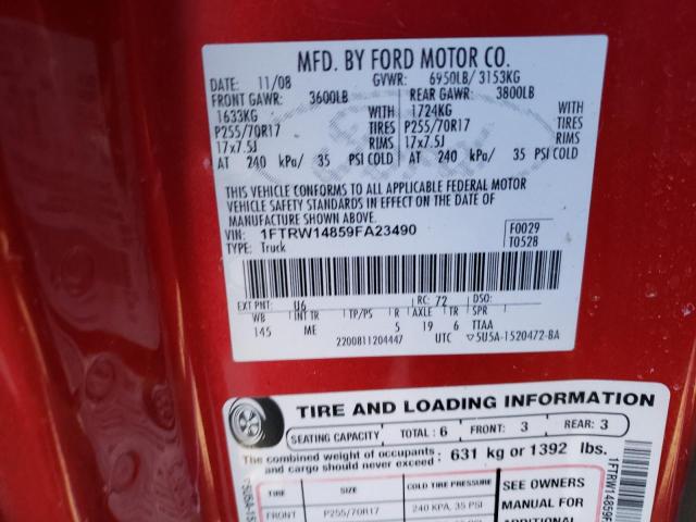 1FTRW14859FA23490 - 2009 FORD F150 SUPERCREW RED photo 13