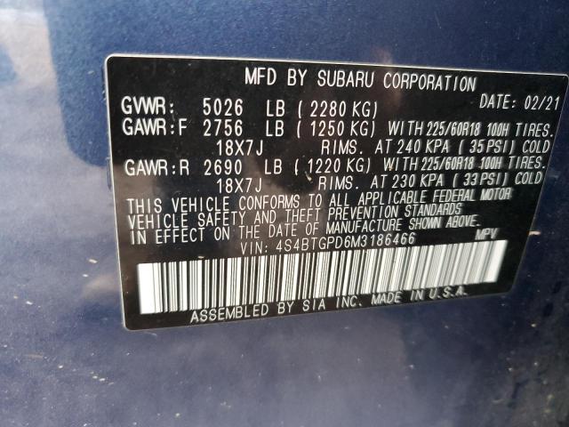 4S4BTGPD6M3186466 - 2021 SUBARU OUTBACK TOURING BLUE photo 14