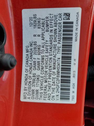 2HGFC2F89MH534174 - 2021 HONDA CIVIC SPORT 红色 照片 12