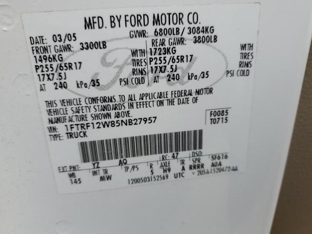 1FTRF12W85NB27957 - 2005 FORD F150 WHITE photo 13