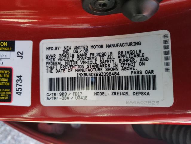 1NXBU40E69Z098484 - 2009 TOYOTA COROLLA BASE BURGUNDY photo 12