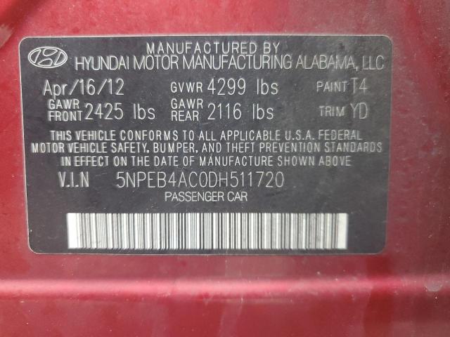 5NPEB4AC0DH511720 - 2013 HYUNDAI SONATA GLS RED photo 12