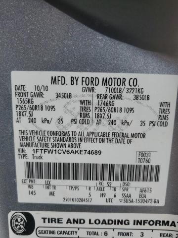 1FTFW1CV6AKE74689 - 2010 FORD F150 SUPERCREW SILVER photo 12