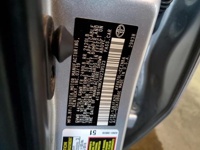 4T1B11HK7KU239523 - 2019 TOYOTA CAMRY L SILVER photo 12