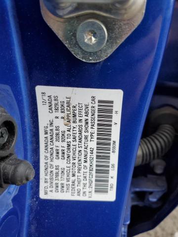 2HGFC2F82KH521442 - 2019 HONDA CIVIC SPORT BLUE photo 12