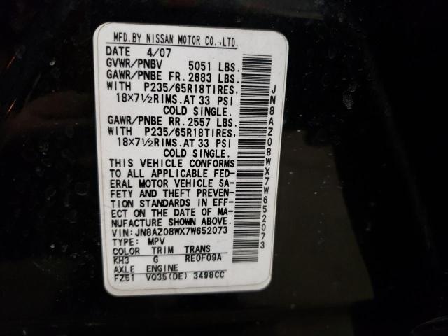 JN8AZ08WX7W652073 - 2007 NISSAN MURANO SL BLACK photo 12