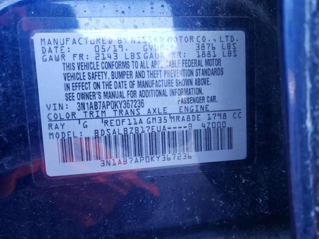 3N1AB7AP0KY367236 - 2019 NISSAN SENTRA S BLUE photo 12