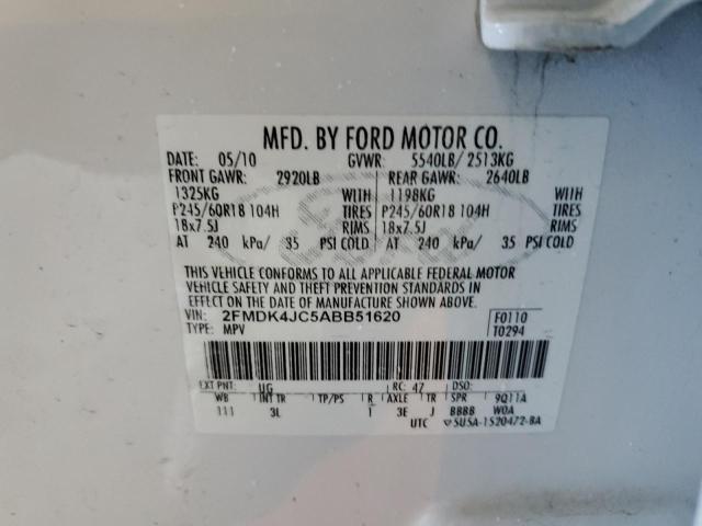 2FMDK4JC5ABB51620 - 2010 FORD EDGE SEL WHITE photo 12