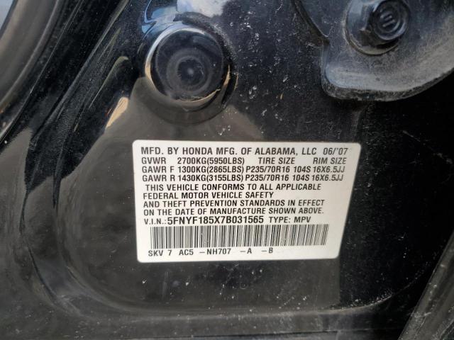 5FNYF185X7B031565 - 2007 HONDA PILOT EXL BLACK photo 13