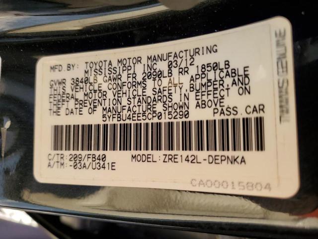 5YFBU4EE5CP015290 - 2012 TOYOTA COROLLA BASE BLACK photo 12