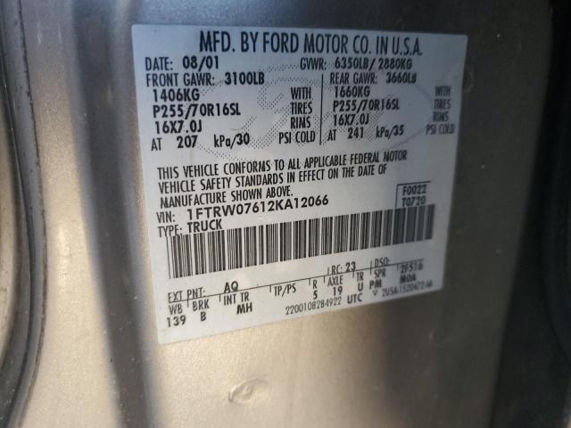 1FTRW07612KA12066 - 2002 FORD F150 SUPERCREW GRAY photo 12