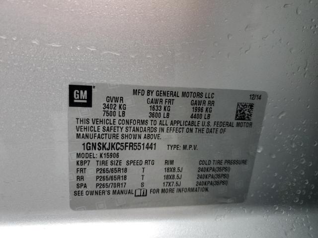 1GNSKJKC5FR551441 - 2015 CHEVROLET SUBURBAN K1500 LT SILVER photo 14