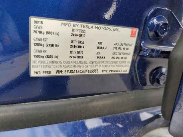 5YJSA1E42GF155586 - 2016 TESLA MODEL S BLUE photo 12