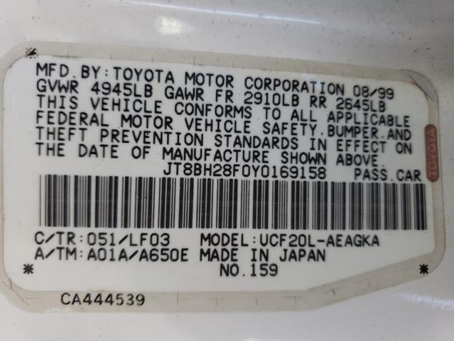 JT8BH28F0Y0169158 - 2000 LEXUS LS 400 WHITE photo 12