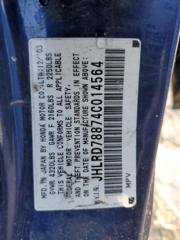 JHLRD78874C014564 - 2004 HONDA CR-V EX BLUE photo 13