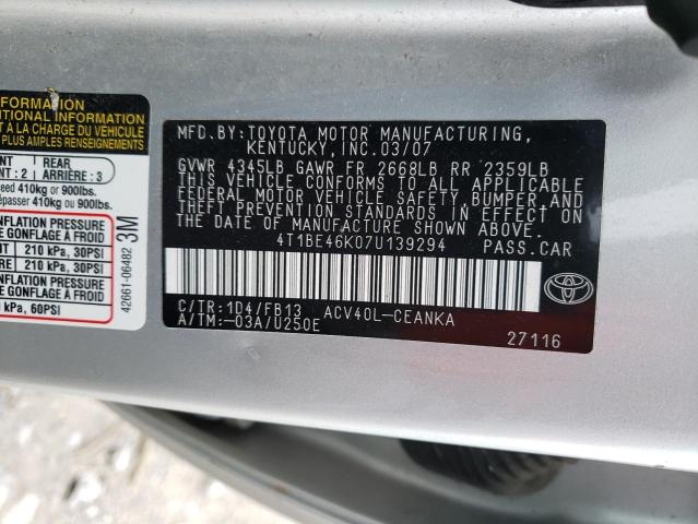 4T1BE46K07U139294 - 2007 TOYOTA CAMRY CE SILVER photo 12