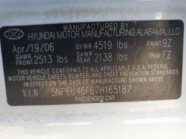 5NPEU46F67H165187 - 2007 HYUNDAI SONATA SE WHITE photo 12