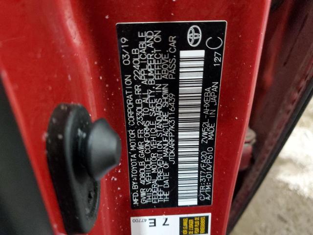 JTDKARFP7K3116439 - 2019 TOYOTA PRIUS PRIM 红色 照片 12