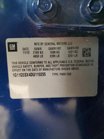 1G11G5SX4DU119295 - 2013 CHEVROLET MALIBU 3LT ლურჯი ფოტო 12