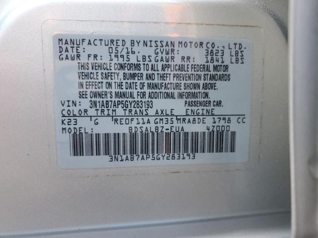 3N1AB7AP5GY283193 - 2016 NISSAN SENTRA S SILVER photo 12