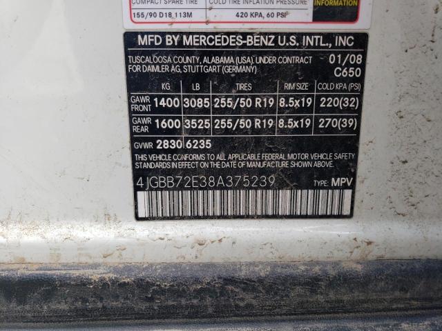 4JGBB72E38A375239 - 2008 MERCEDES-BENZ ML 550 WHITE photo 12