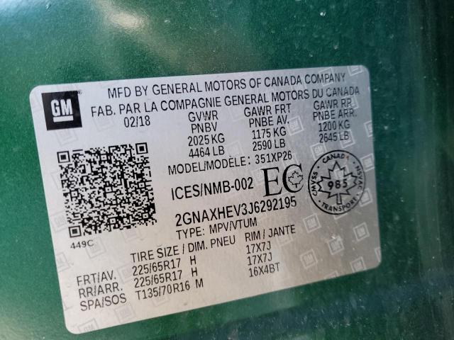 2GNAXHEV3J6292195 - 2018 CHEVROLET EQUINOX LS GREEN photo 13