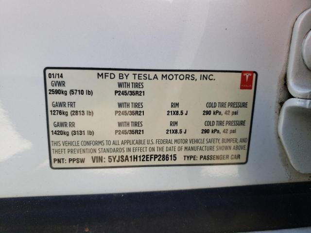 5YJSA1H12EFP28615 - 2014 TESLA MODEL S Սպիտակ լուսանկար 12
