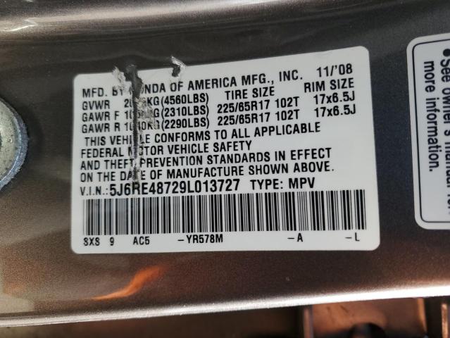 5J6RE48729L013727 - 2009 HONDA CR-V EXL GRAY photo 13