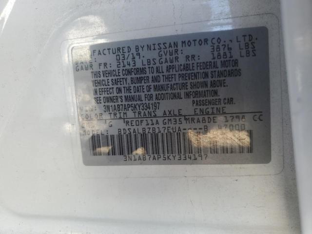 3N1AB7AP5KY334197 - 2019 NISSAN SENTRA S WHITE photo 13