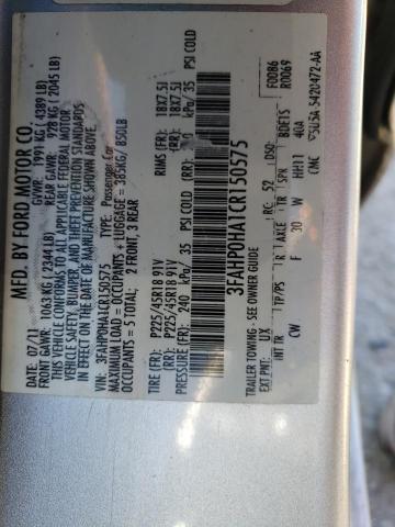 3FAHP0HA1CR150575 - 2012 FORD FUSION SE SILVER photo 12